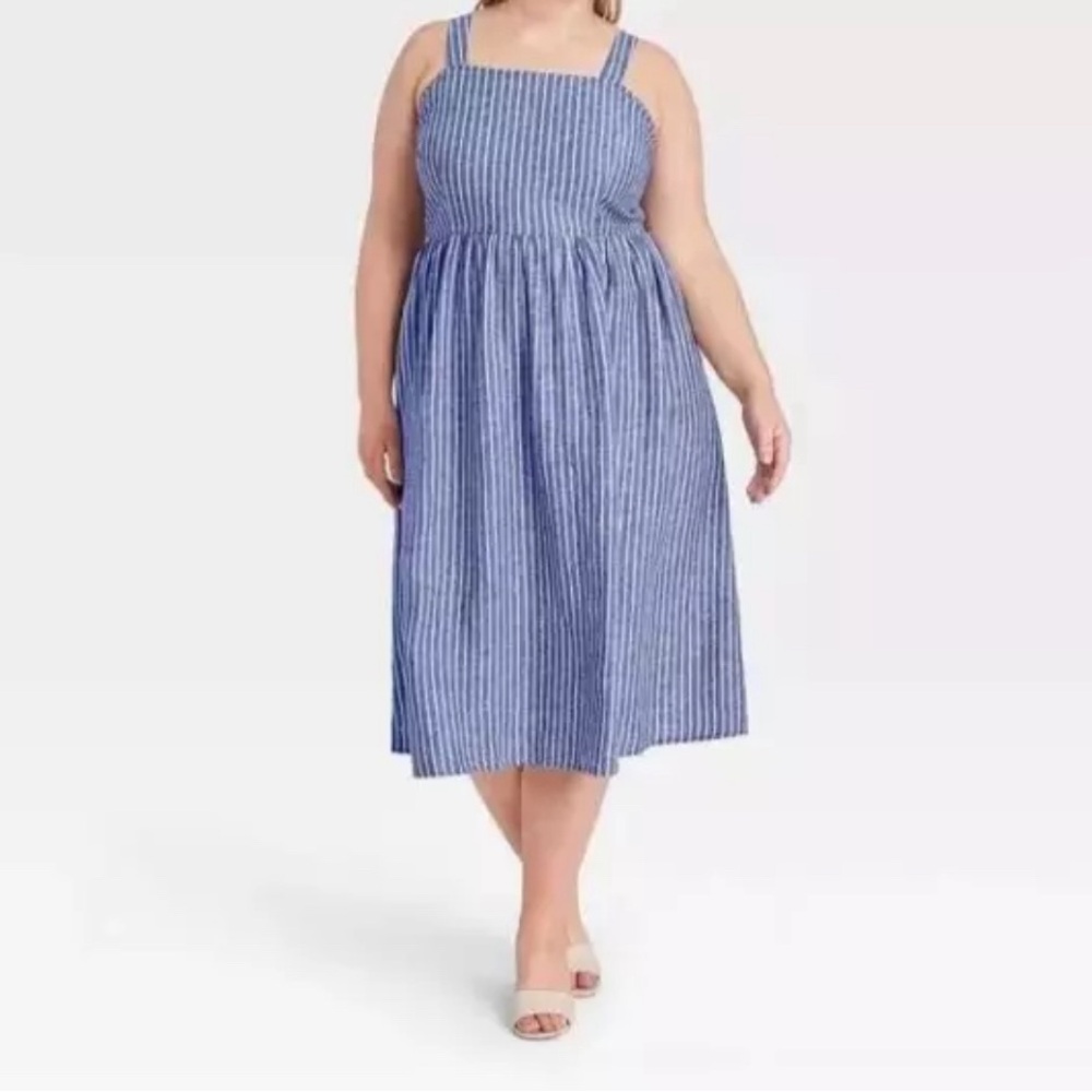 Who What Wear Striped Sleeveless Buckle Back Linen Blend Dress Women's XXL NWT